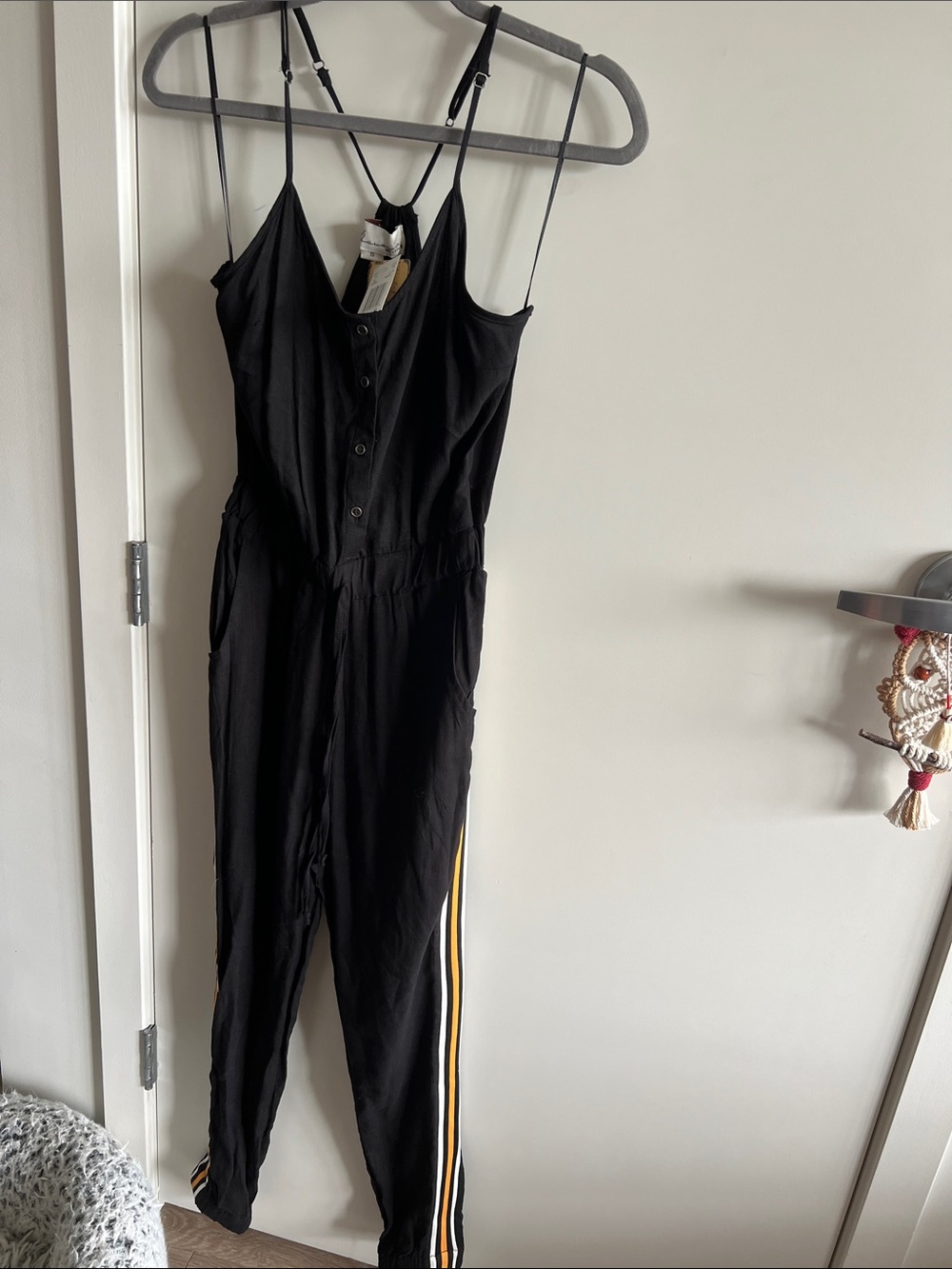 NEW! WMNS. Vintage Havana Black Jumpsuit with Yellow & White Side Stripes. Small